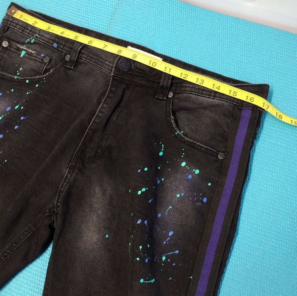 Blind Trust Mens Black Ripped Jeans Purple Stripe Paint Splatter Size 34 X32 - Picture 4 of 8